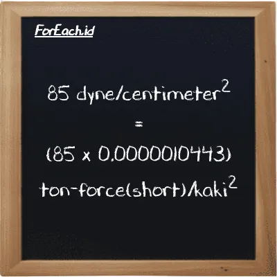 85 dyne/centimeter<sup>2</sup> setara dengan 0.000088763 ton-force(short)/kaki<sup>2</sup> (85 dyn/cm<sup>2</sup> setara dengan 0.000088763 tf/ft<sup>2</sup>)